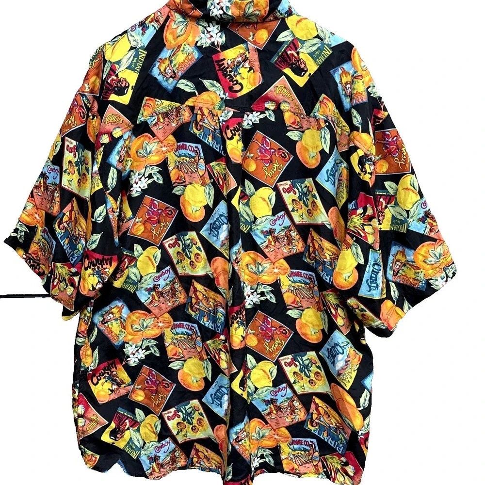 Summa Silk‎ Short Sleeve Button Down Vintage Shirt Size XL Fruit Crate Cowgirl